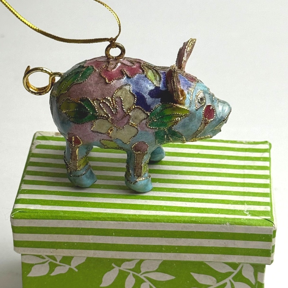 Enamel Cloisonne Pig Ornament Lucky Charm Blue Floral Gold‎ Trim Hanging Decor